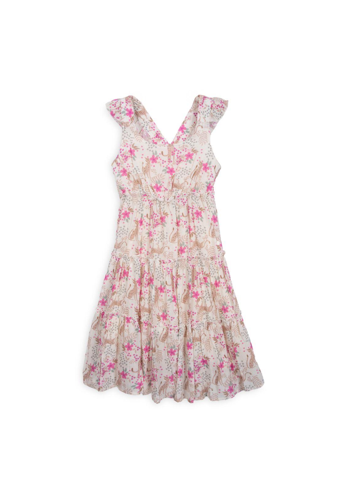 Vestido Niña Elasticado Estampado Tropical Crudo Pillin-0