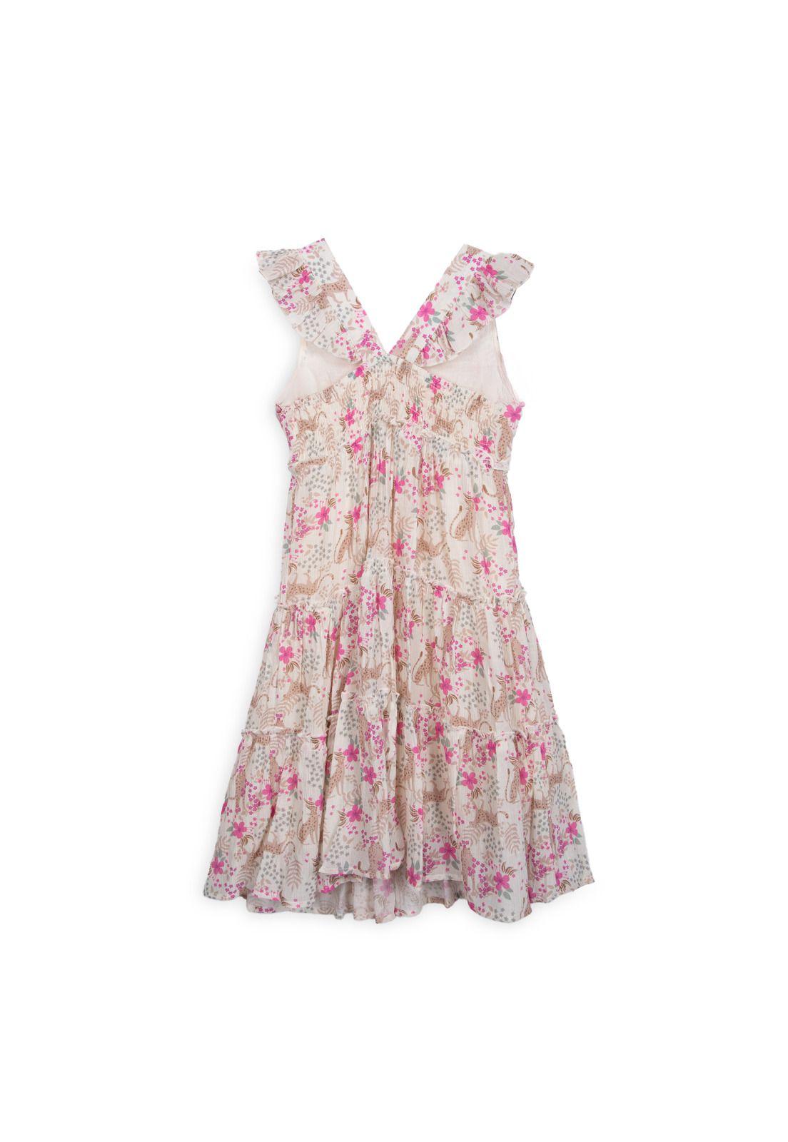 Vestido Niña Elasticado Estampado Tropical Crudo Pillin-1