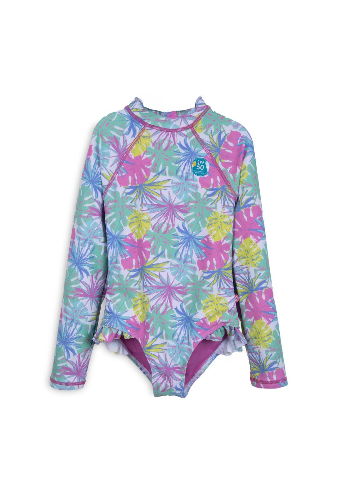 Traje de Baño Niña Entero Manga Larga Palmeras Malva Pillin-0