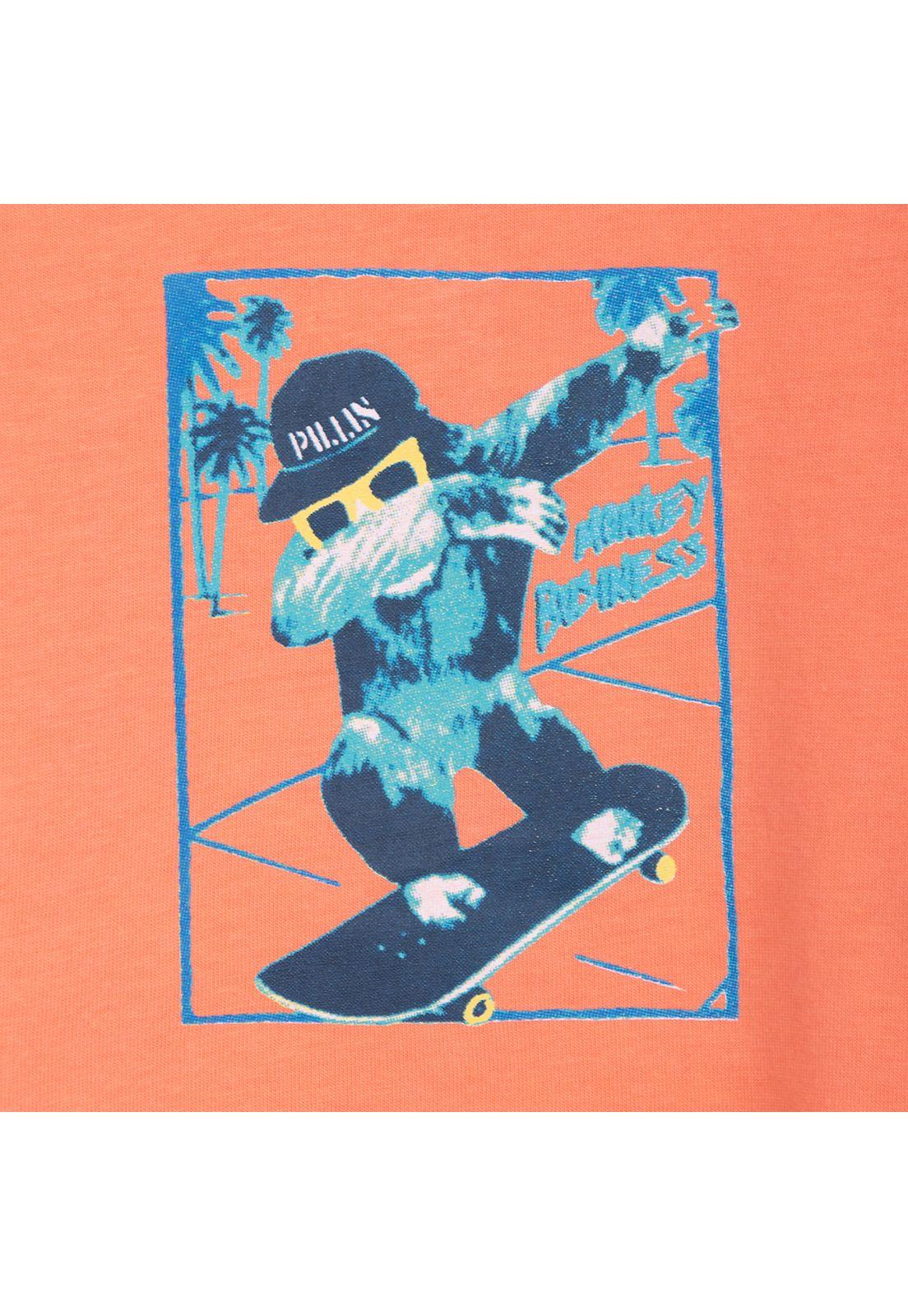 Polera Bebé Niño Manga Corta Estampado Mono Skater Naranjo Pillin-2