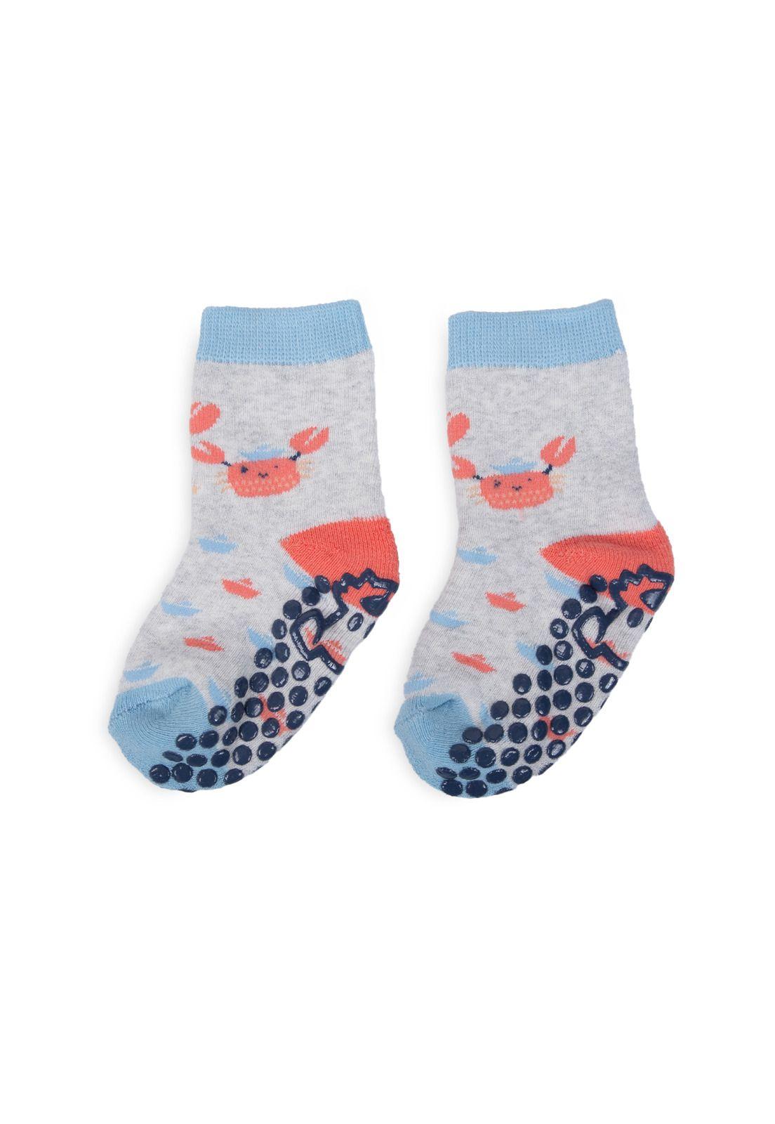 Calcetín Bebé Niño Antideslizante Diseño Cangrejos Gris Pillin-0