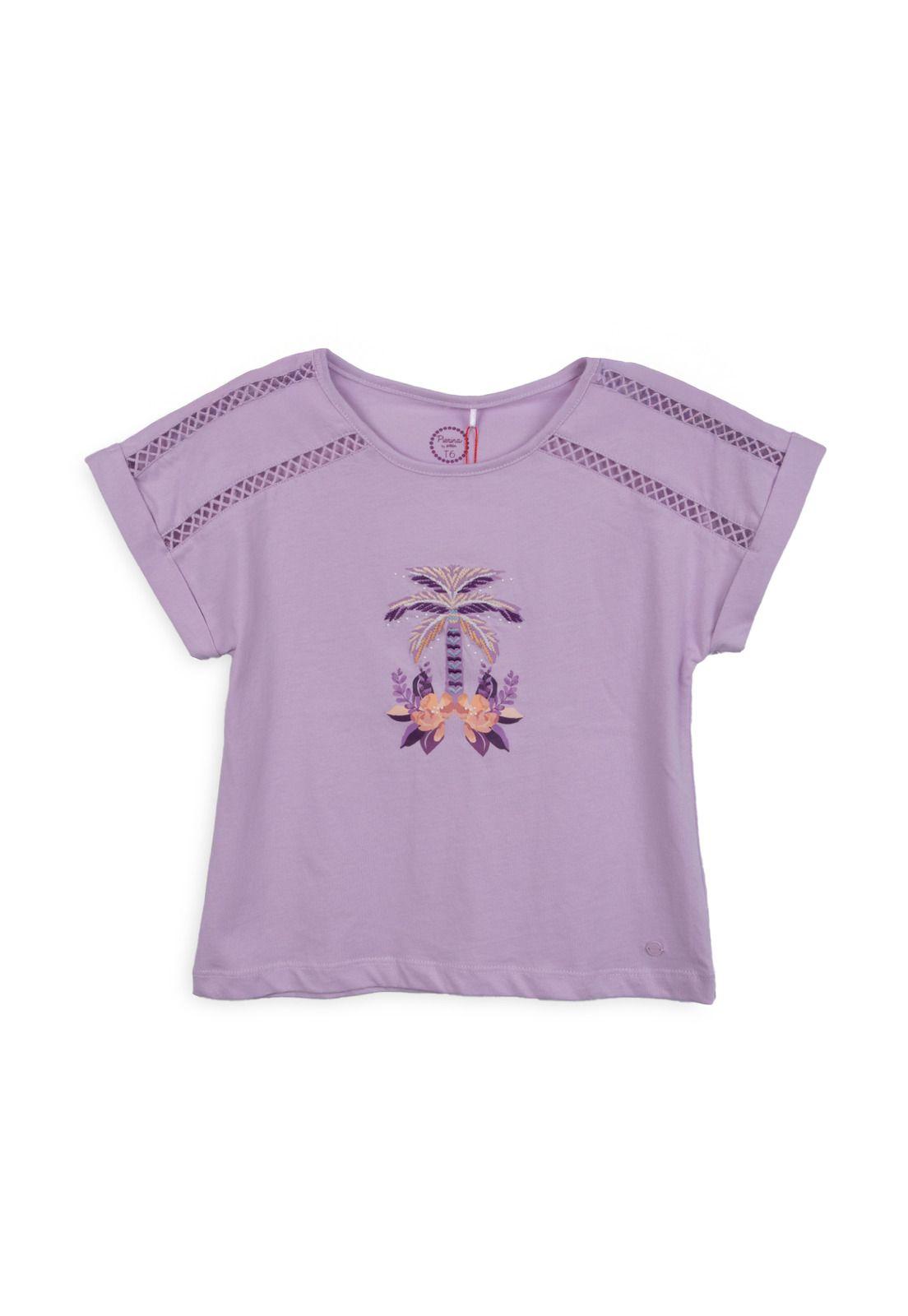 Polera Niña Manga Corta Estampado Palmera Lila Pillin-0
