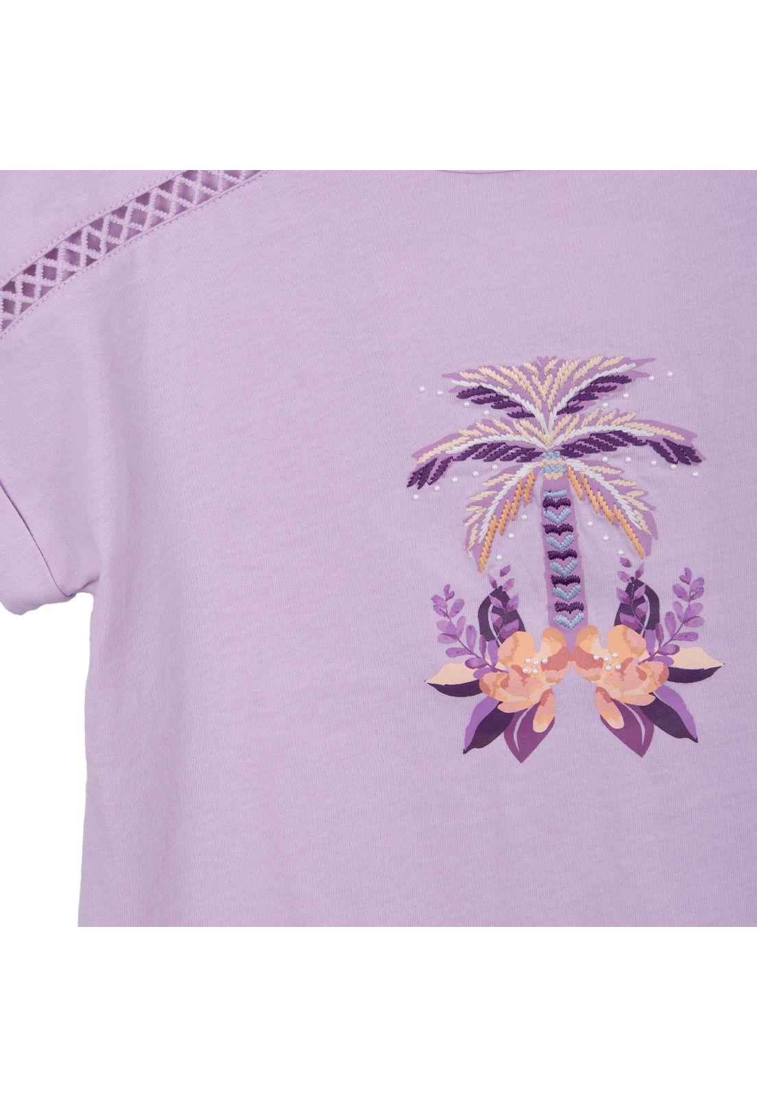 Polera Niña Manga Corta Estampado Palmera Lila Pillin-2