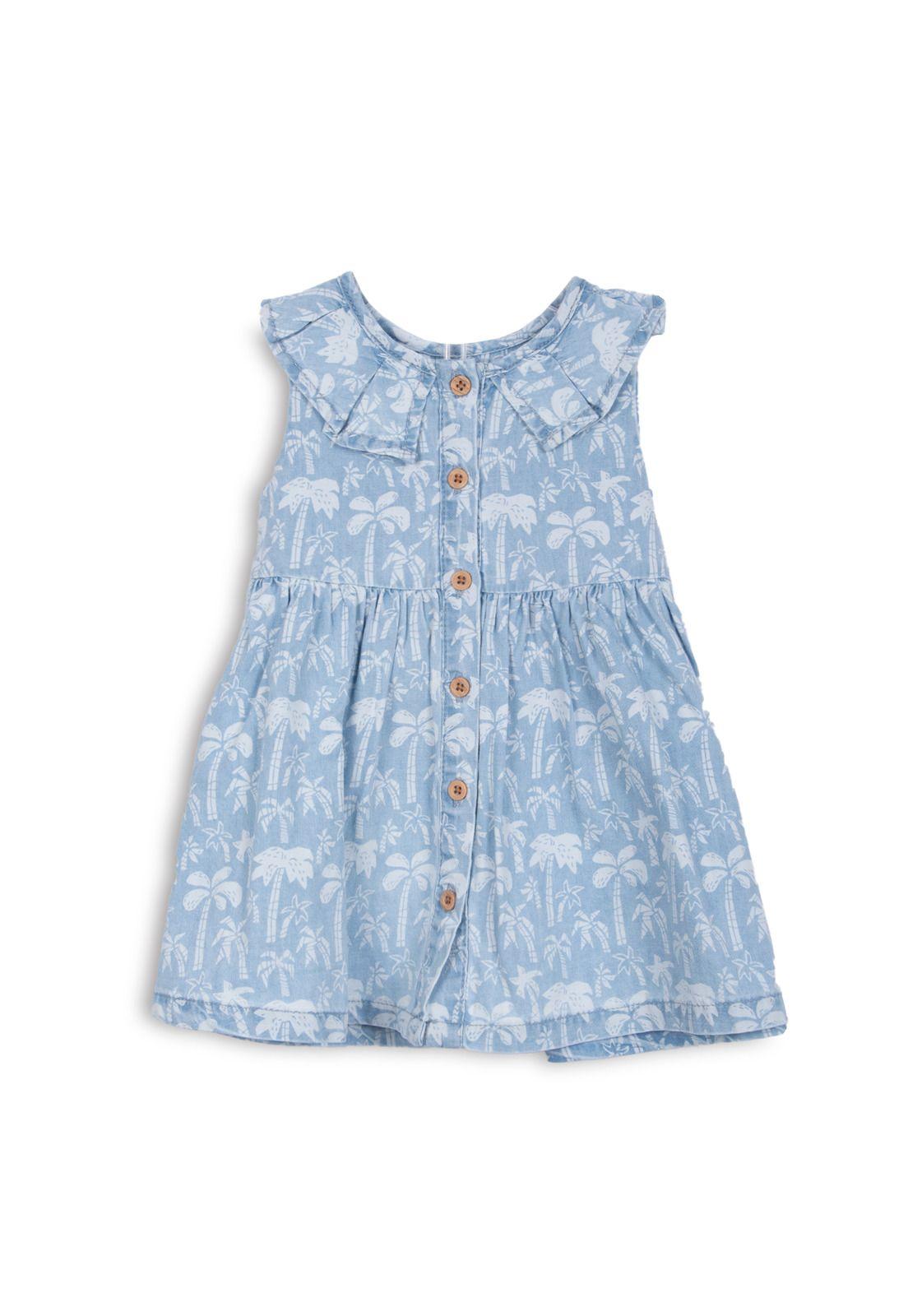 Vestido Bebé Niña Sin Mangas Estampado Tropical Denim Pillin-0