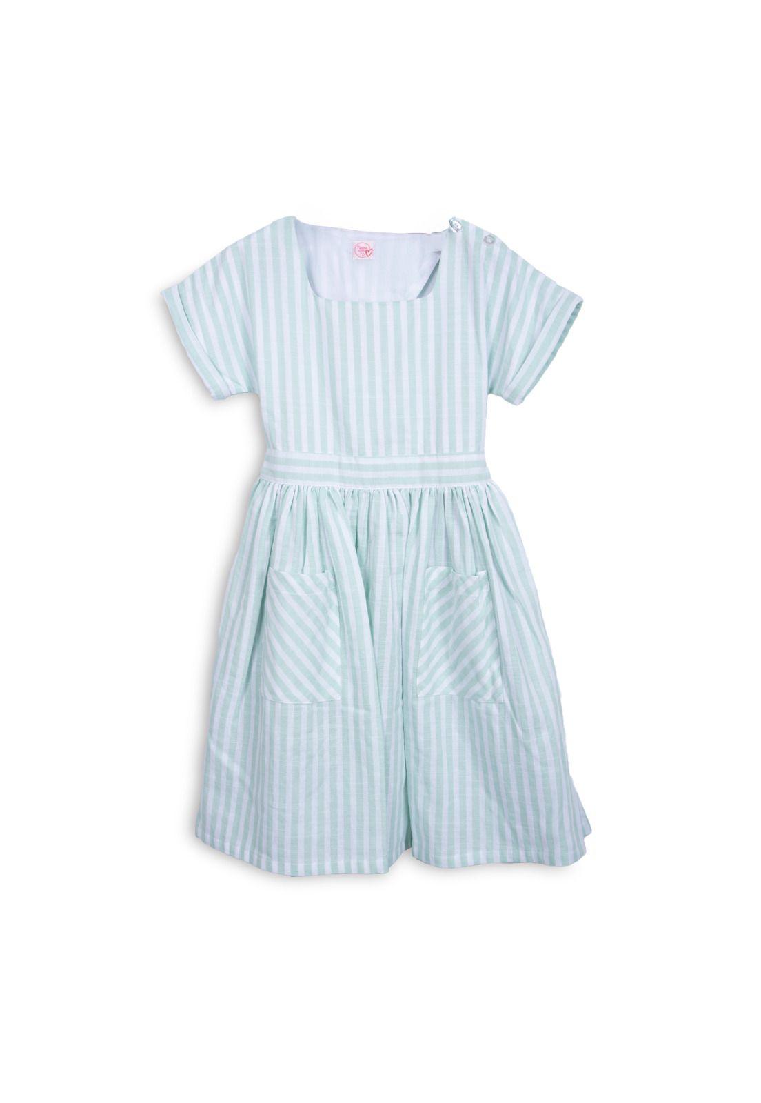 Vestido Niña Rayas con Bolsillos Celeste Pillin-0