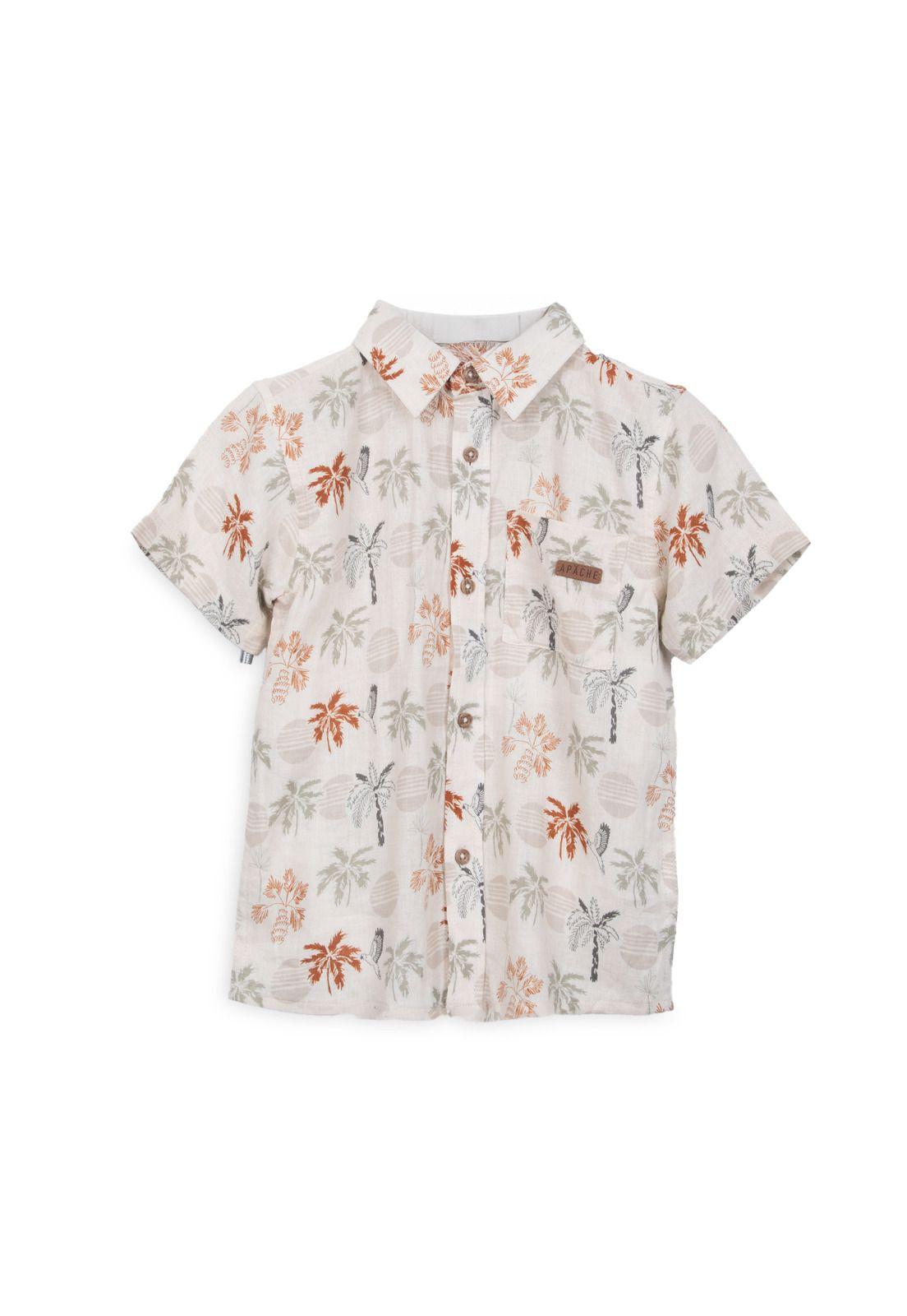 Camisa Niño Lino Manga Corta Estampado Palmeras Arena Pillin-0