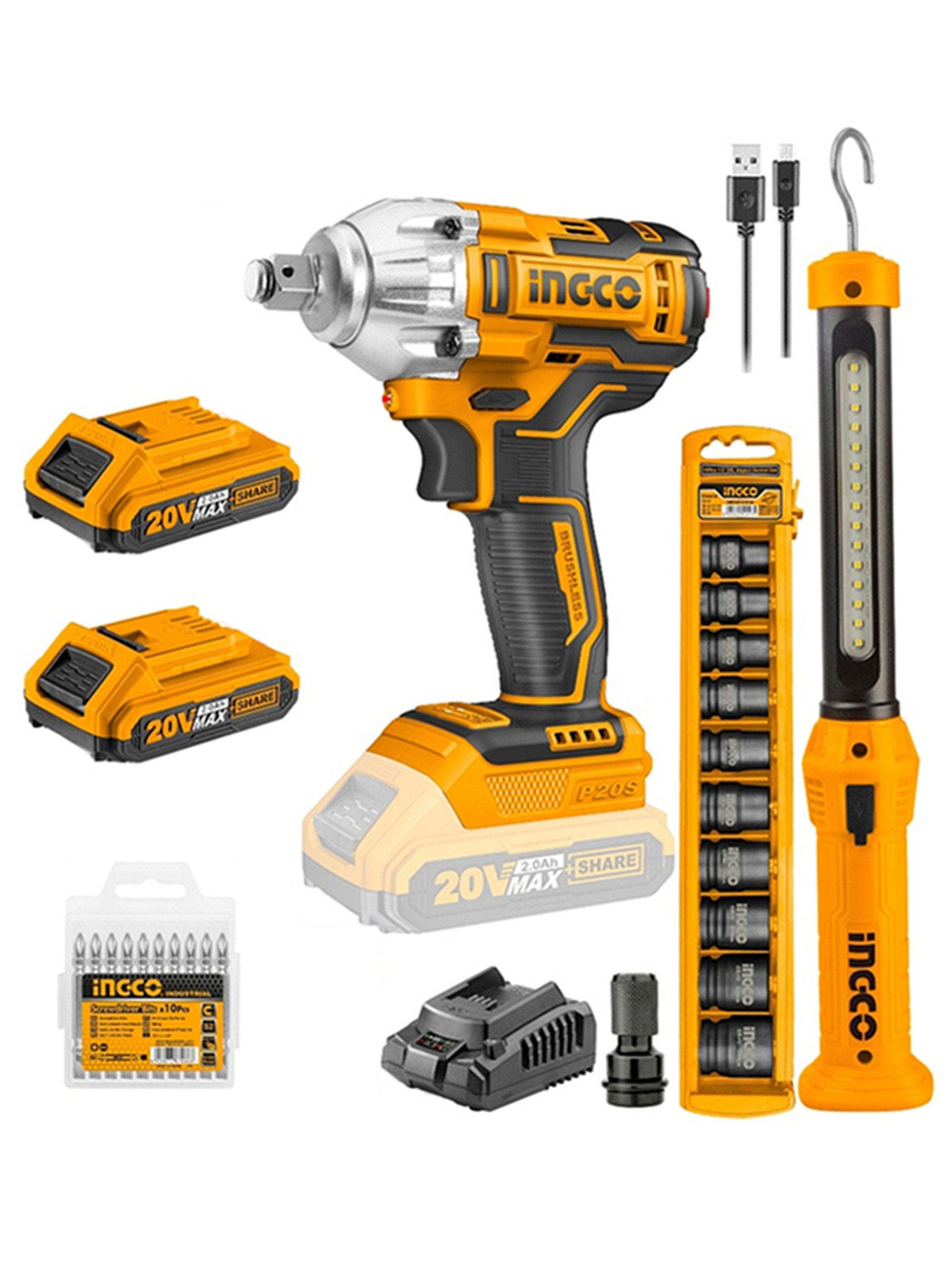 Kit Llave De Impacto 20v + Lampara Led+ Dados Y Puntas Ingco-0