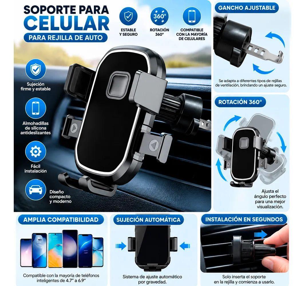 Soporte Celular Para Auto Rejilla Negro Ajustable Pack 2-1