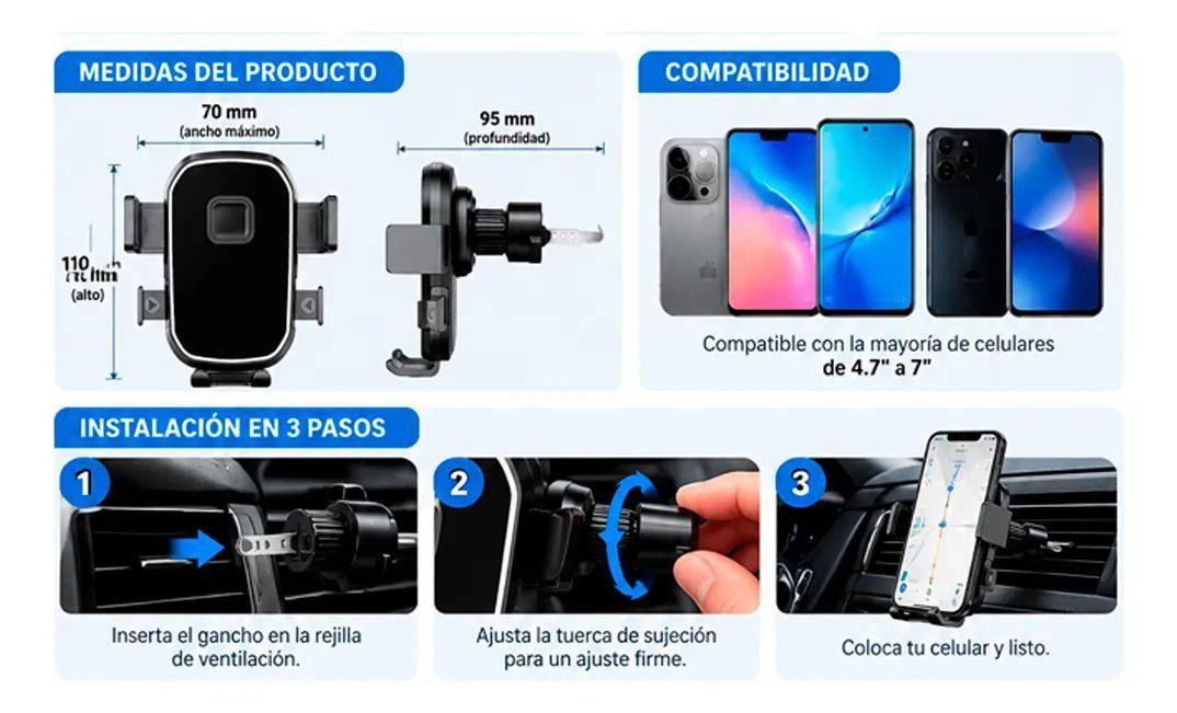 Soporte Celular Para Auto Rejilla Negro Ajustable Pack 2-5
