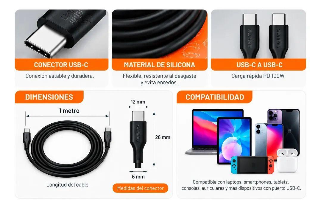 Cable Usb Type c Pack 2 Carga Rapida 3 1 Amp Silicona Negro-3