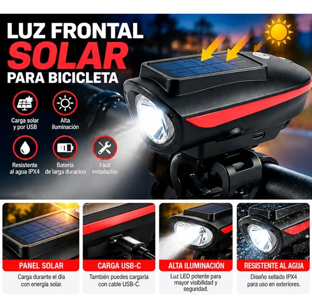 Luz Bicicleta Delantera Solar Recargable Con Bocina Azul-3