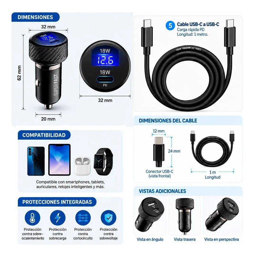 Cargador Auto Usb c Y A Rapido 15w 18w 12 48v Con Cable Negro-3