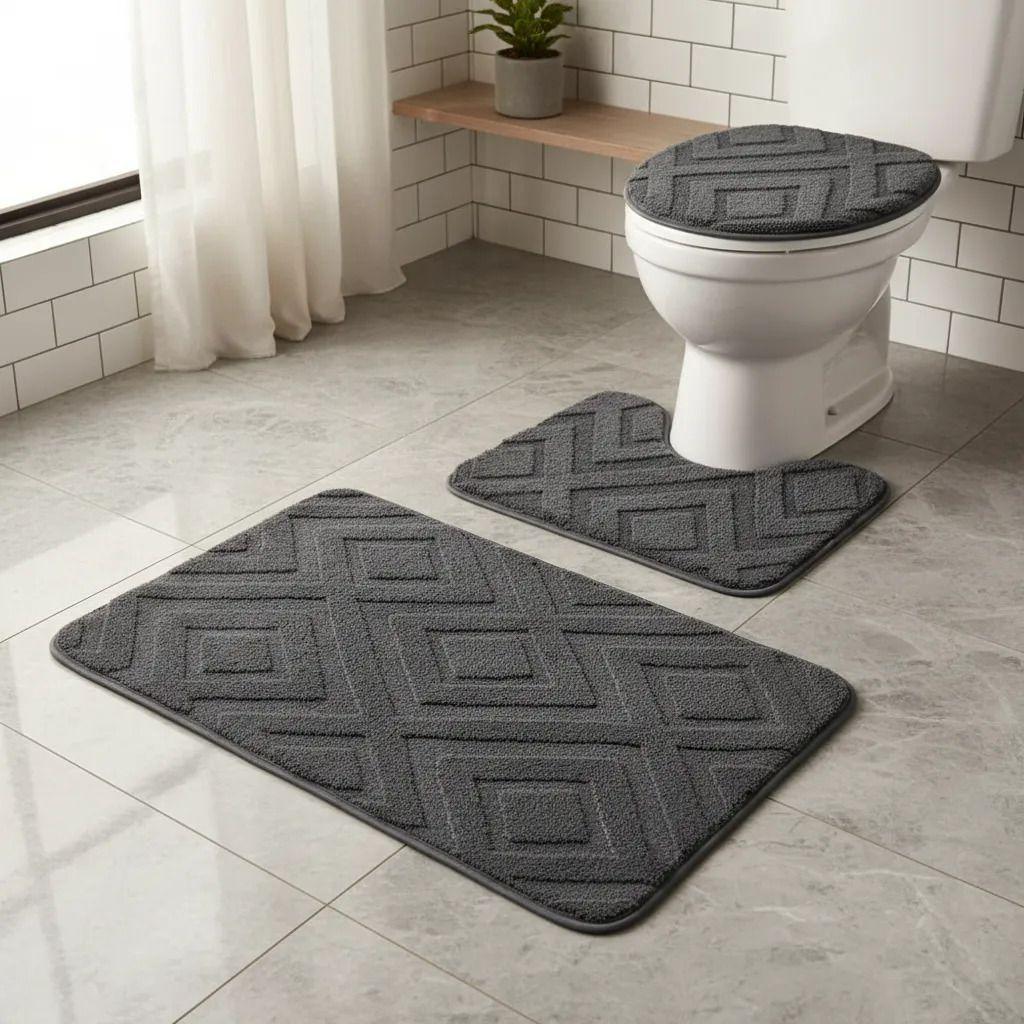 Set de Baño 3 en 1 Alfombra WC y Cubre Tapa Antideslizante-0