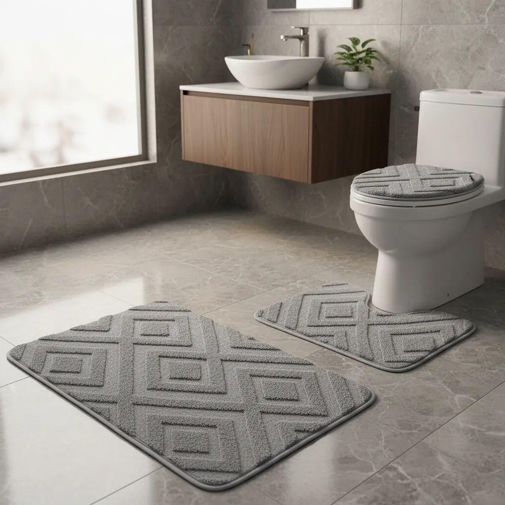 Set de Baño 3 en 1 Alfombra WC y Cubre Tapa Antideslizante-0