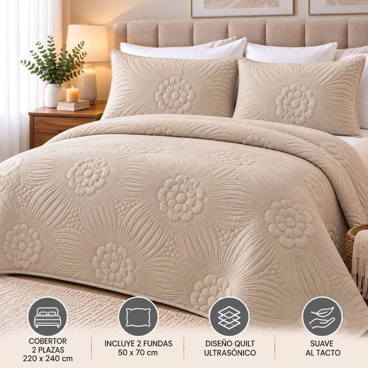 Cobertor Quilt Estampado Floral 2 Plazas Liviano de Verano con 2 Fundas-3