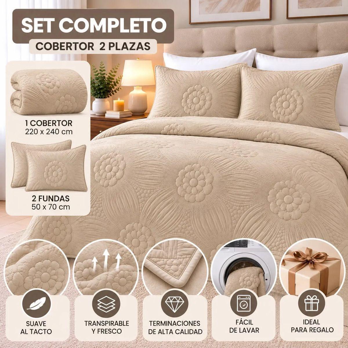 Cobertor Quilt Estampado Floral 2 Plazas Liviano de Verano con 2 Fundas-6