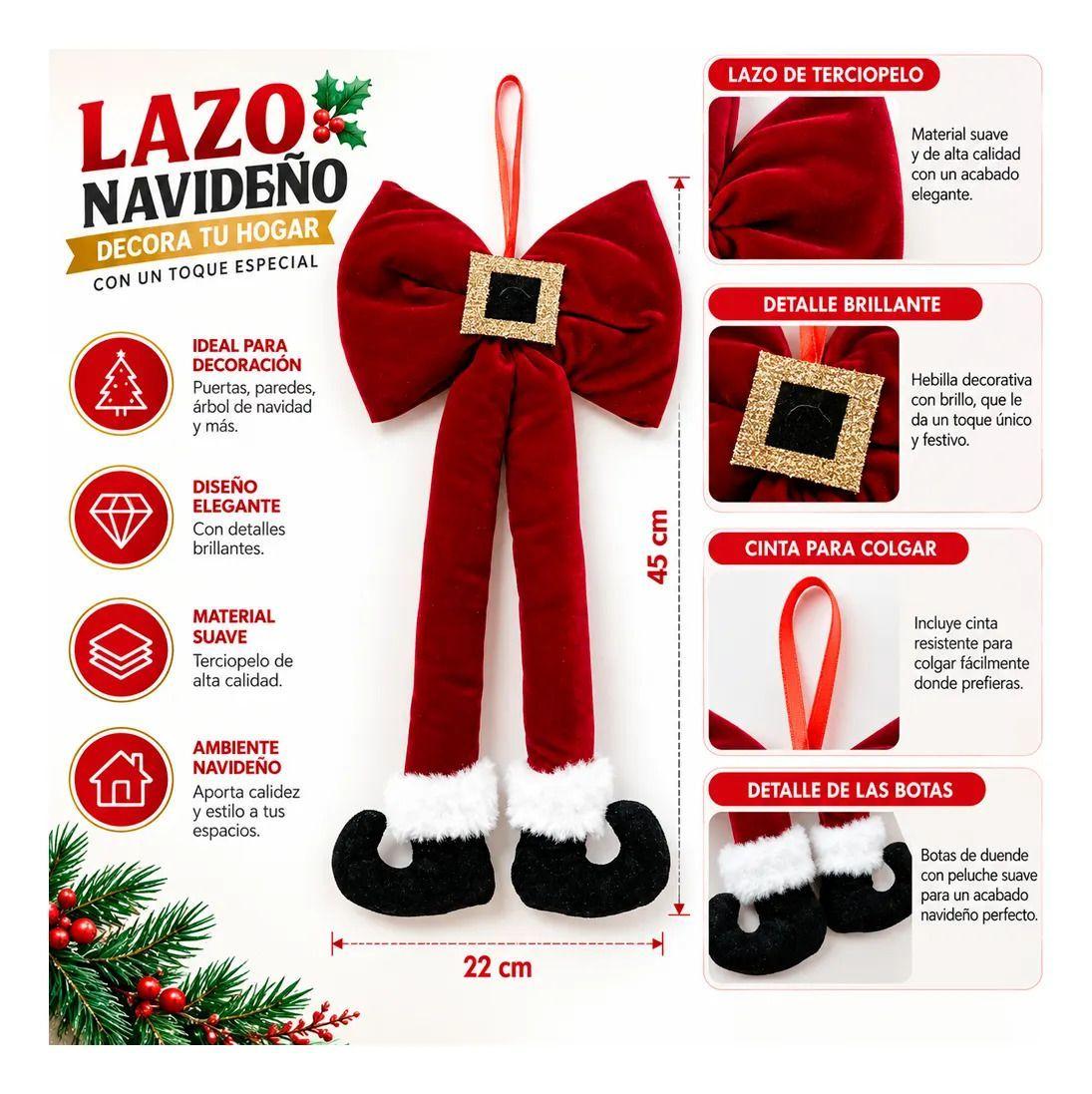 Lazo Navideno Rojo De Felpa 45 Cm Para Arbol Navidad-3