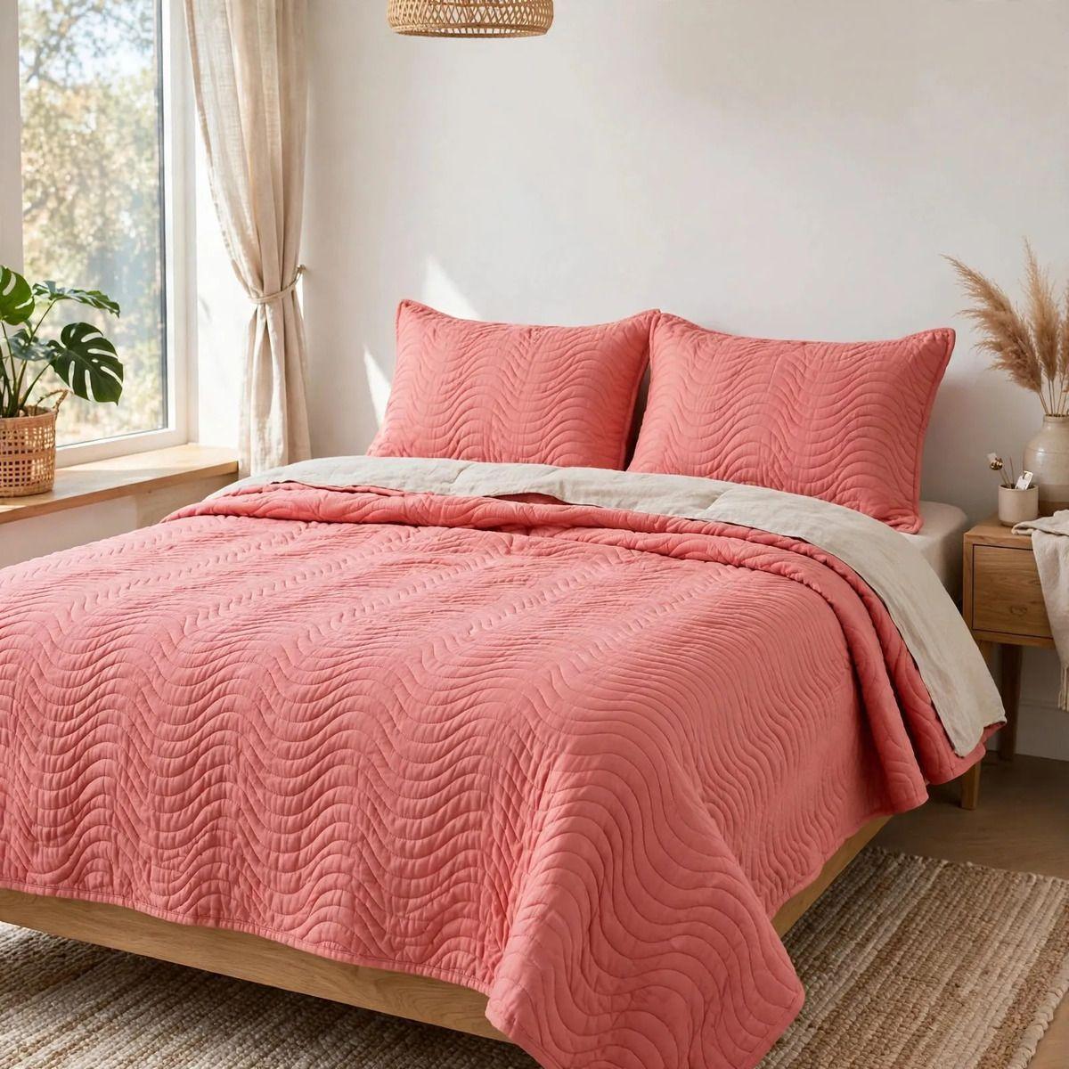 Cubrecama Quilt 2 Plazas Rayas Cobertor Verano Liviano con 2 Fundas-5