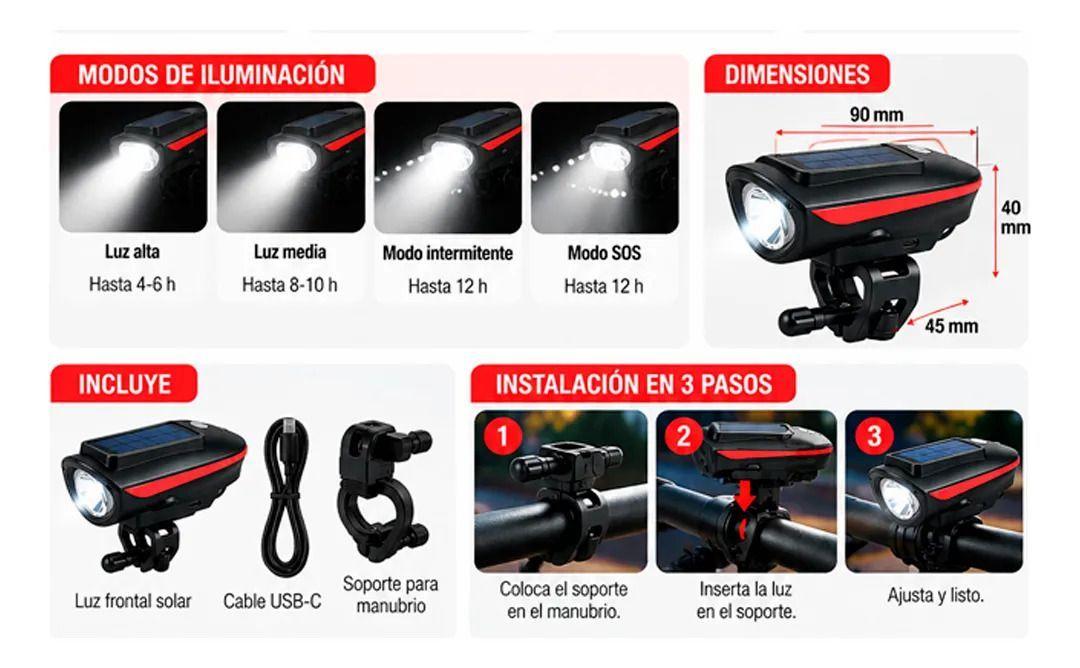 Luz Bicicleta Delantera Solar Recargable Con Bocina Rojo-1