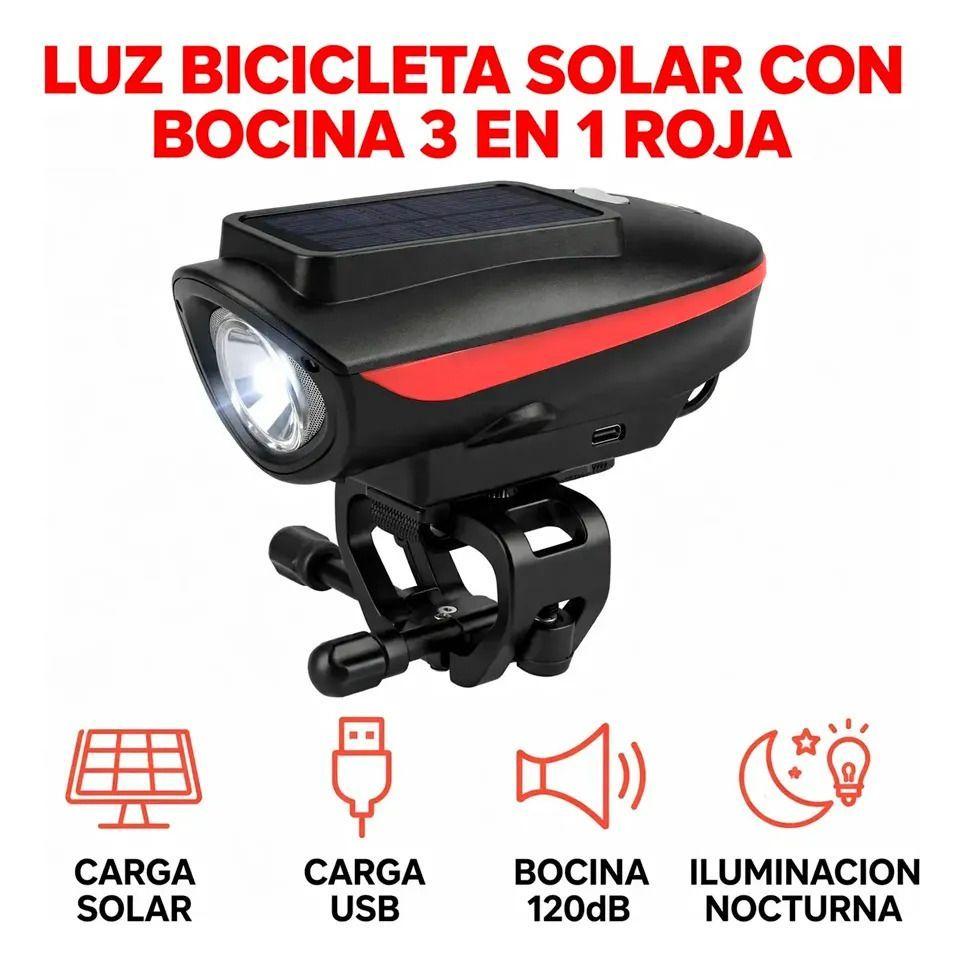 Luz Bicicleta Delantera Solar Recargable Con Bocina Rojo-2