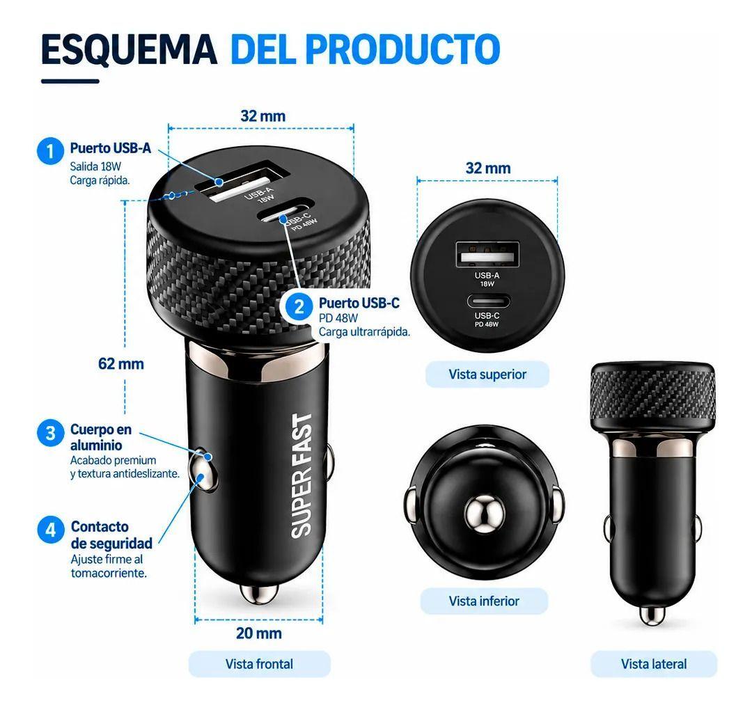 Cargador Auto Usb c Y A Rapido 15w 18w 12 48v Negro-3