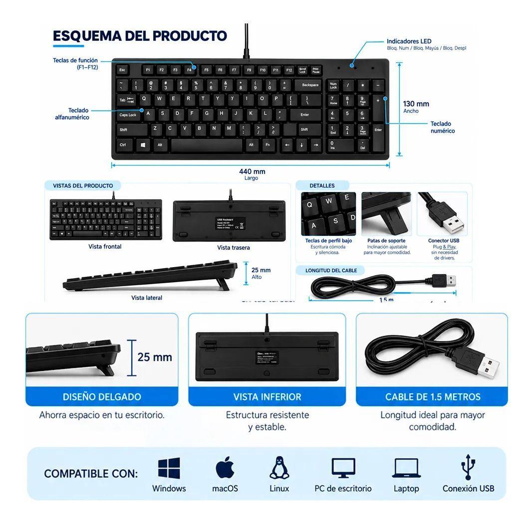 Teclado Usb Espa ol Negro Qwerty Multifuncional-2