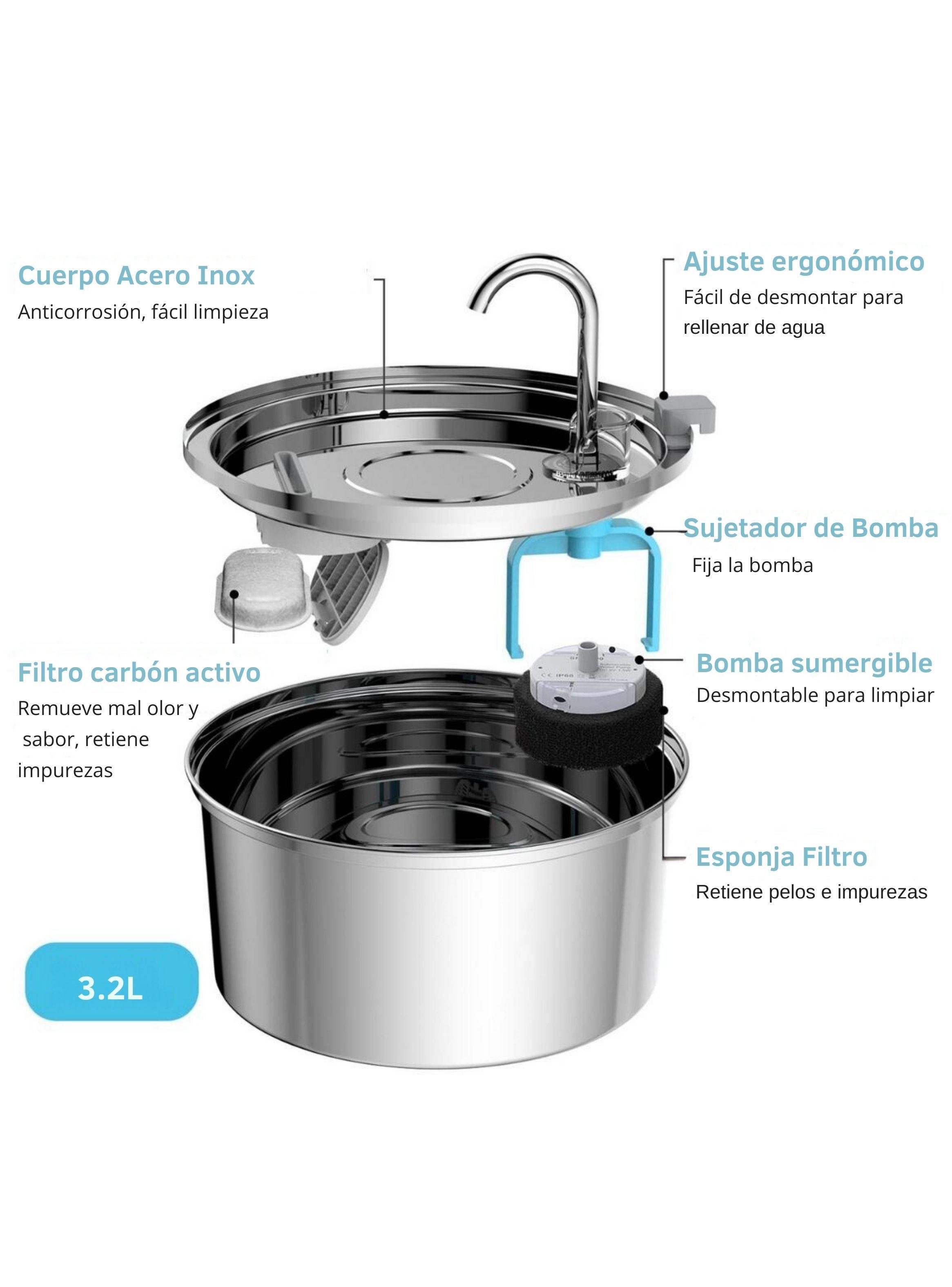 Bebedero Gato Acero Inox Llave Silenciosa + 4 filtros-2