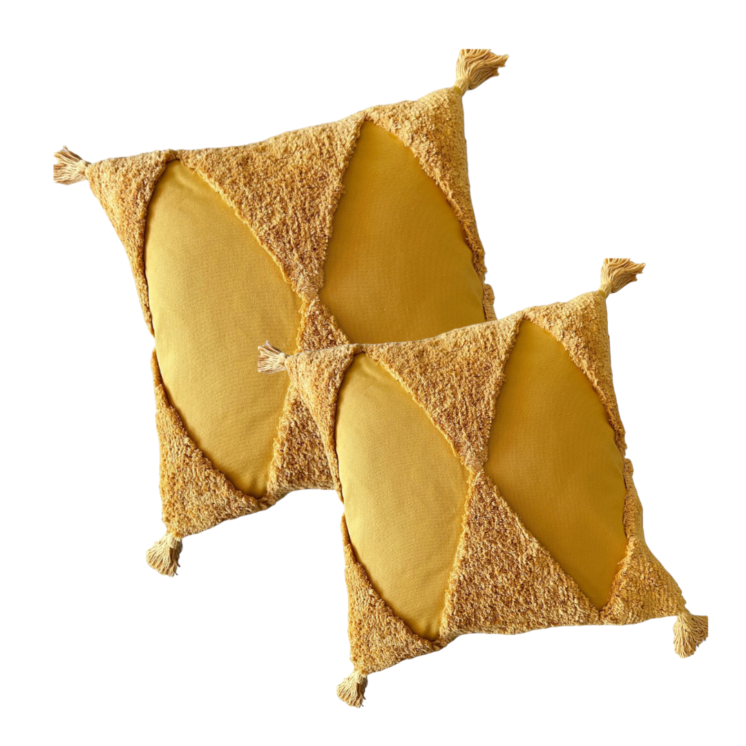 Funda de Cojín Boho Mostaza Aplicaciones Borlas Cuadrada-1
