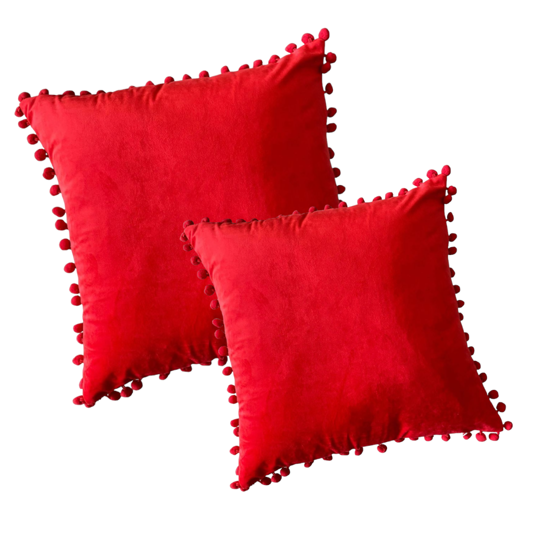 Funda de Cojín Velvet Pompón Rojo-1