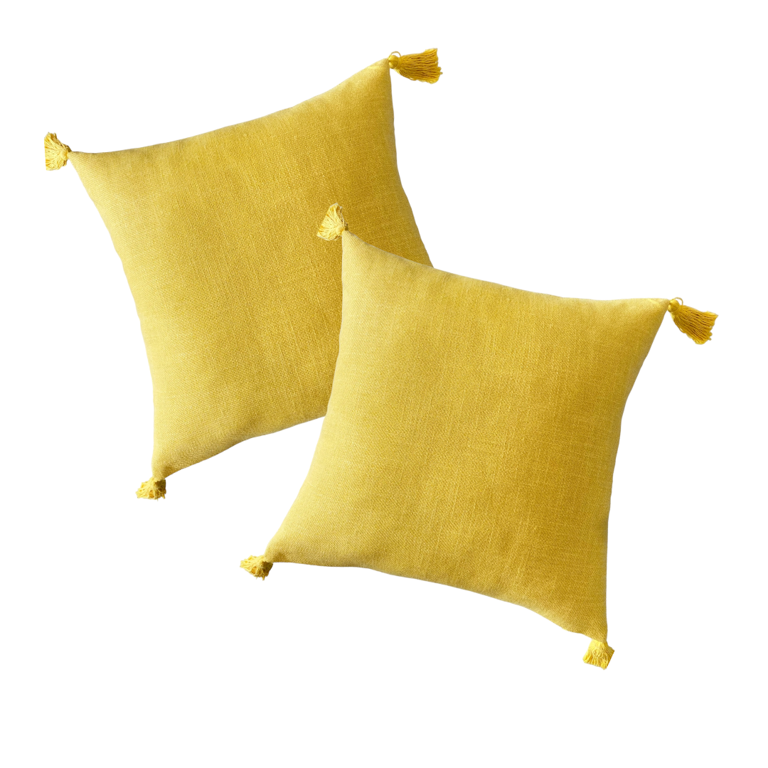 Funda de Cojín Simple Amarillo Mostaza Borlas  Cuadrada-1