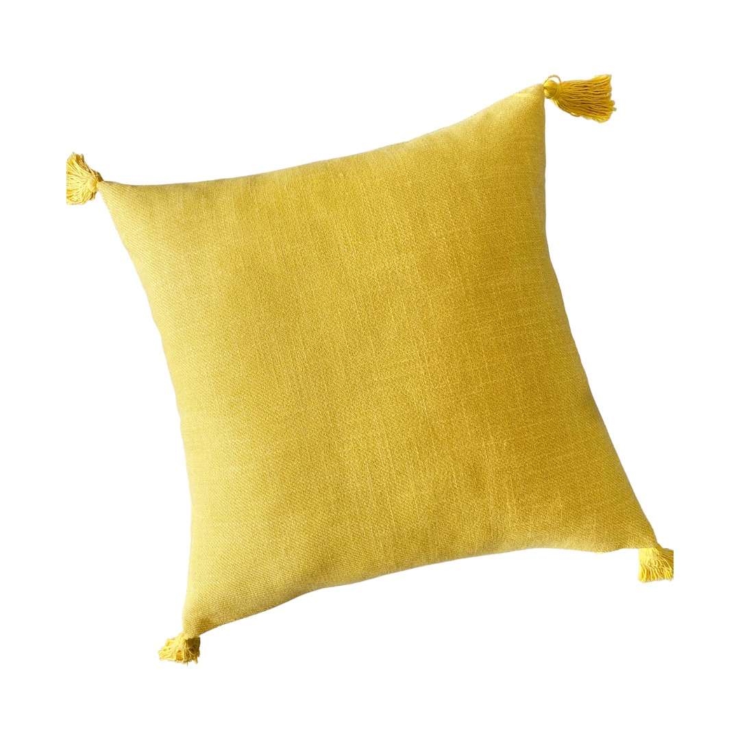 Funda de Cojín Simple Amarillo Mostaza Borlas  Cuadrada-0