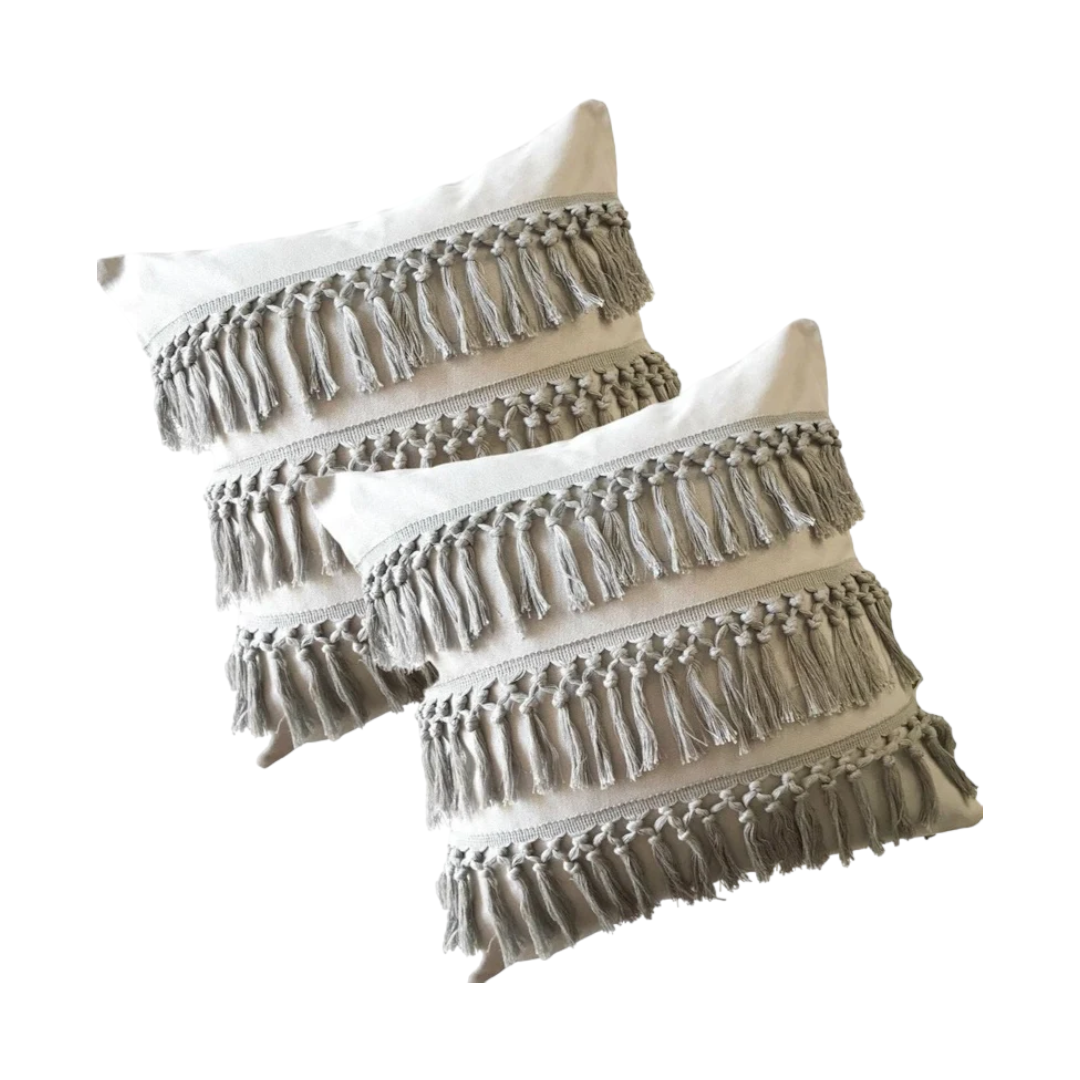 COMBO FUNDAS BOHO TIPO MACRAME GRIS CUADRADA X 2-1