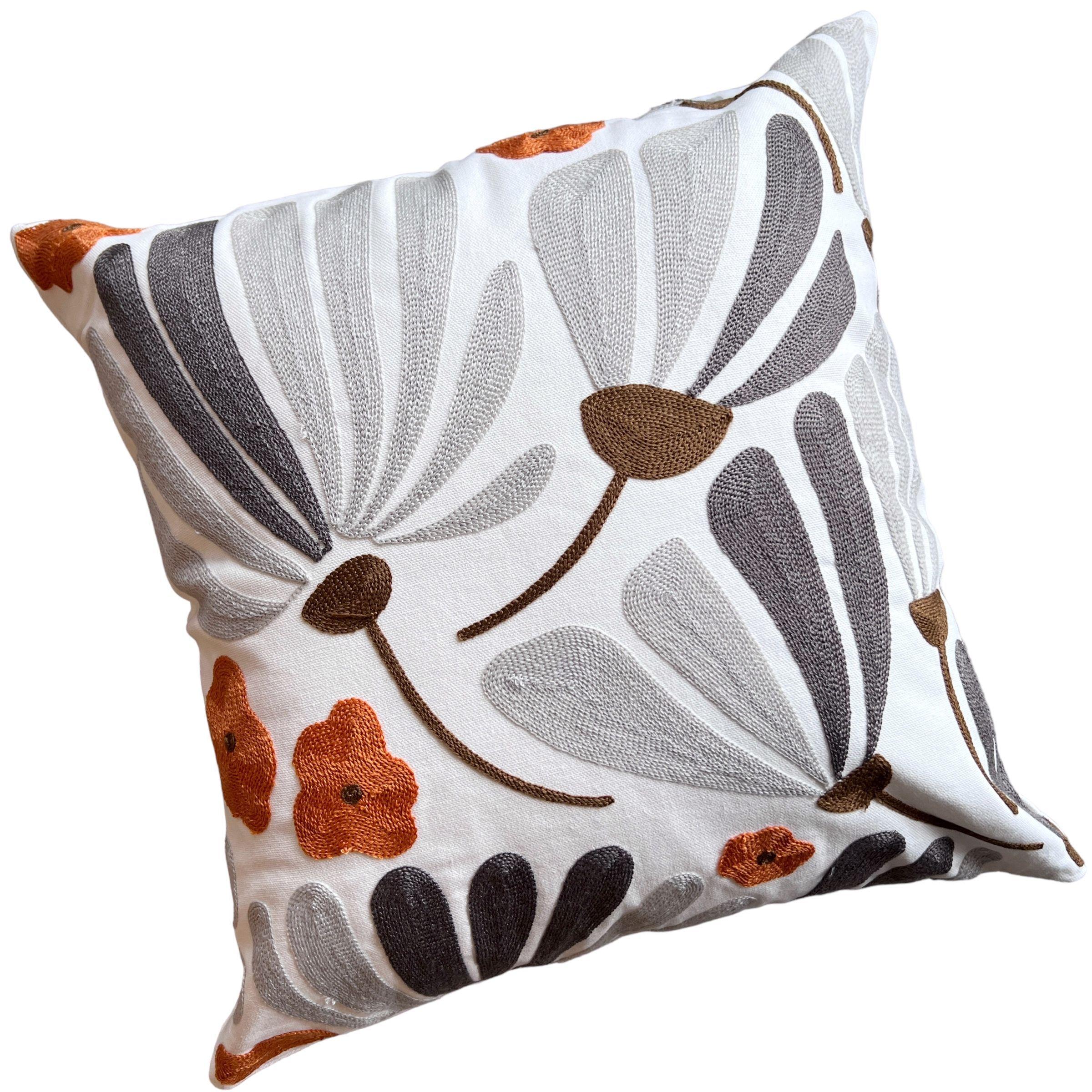 Funda de Cojín Bordado Flor Grande Gris Terracota -0