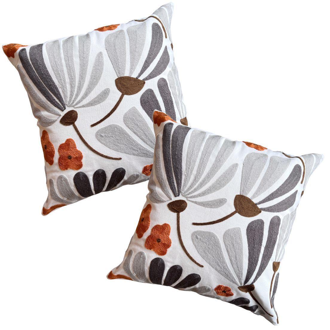 Funda de Cojín Bordado Flor Grande Gris Terracota -1