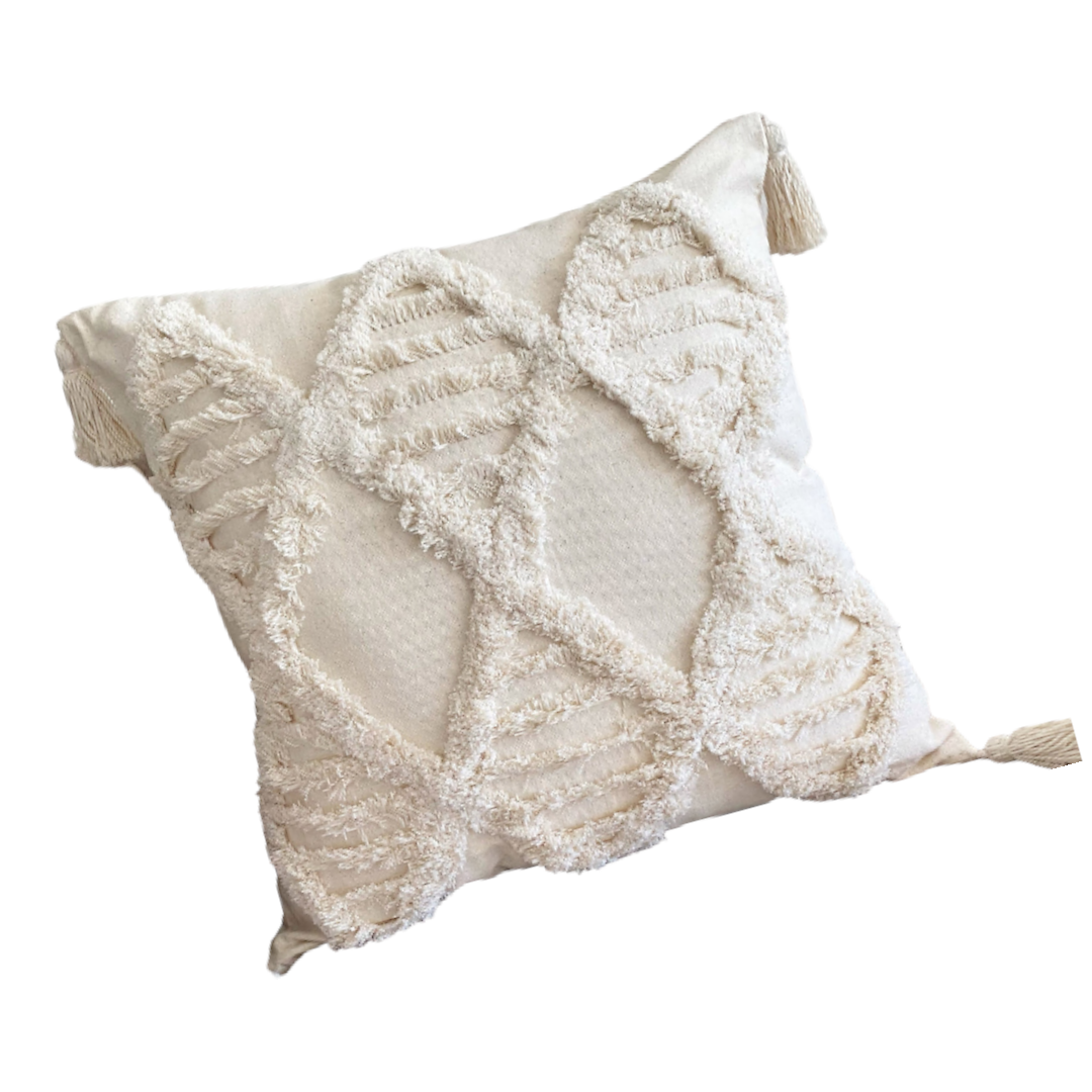 Funda de Cojín Boho Crudo Aplicaciones Rombos Líneas Cuadrada-0