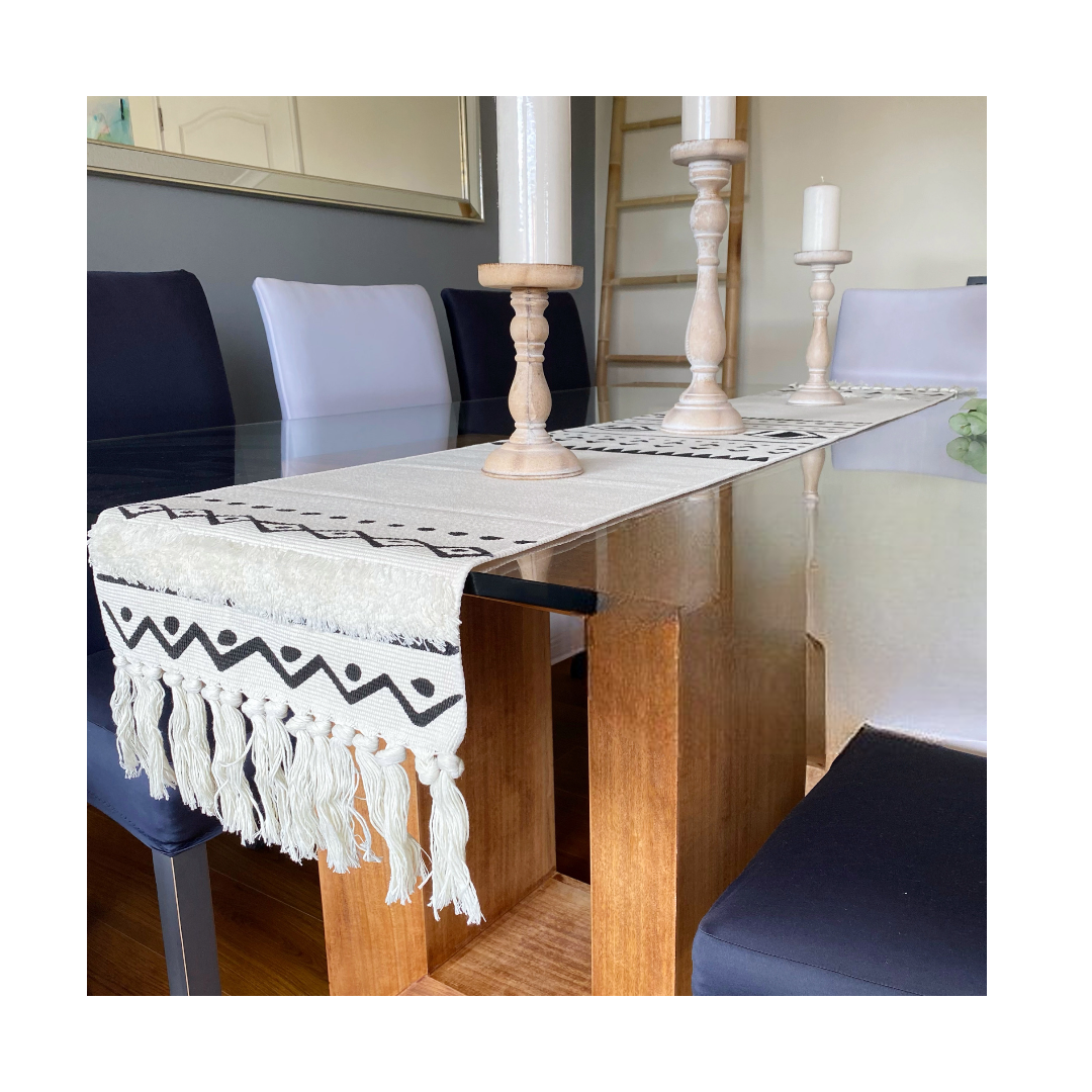Camino de Mesa Boho Crudo y Negro 180 x 35cms-0