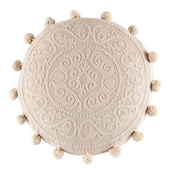 Funda de Cojín Redonda Mandala Bordado Crudo 45cms-0