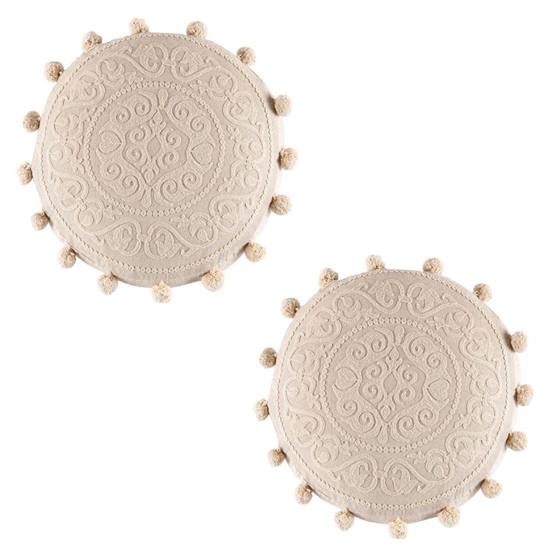 Funda de Cojín Redonda Mandala Bordado Crudo 45cms-1