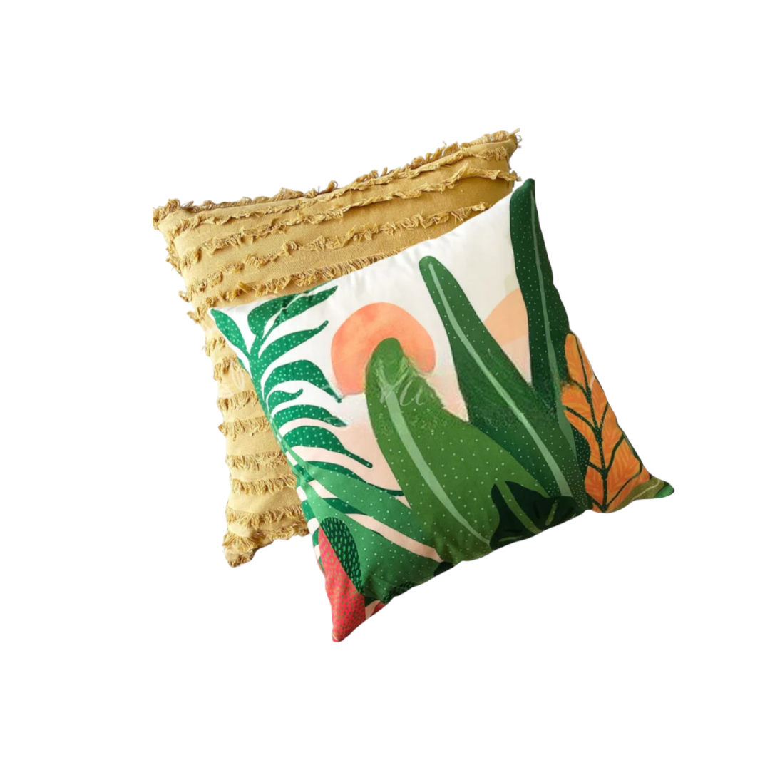 COMBO FUNDAS HOJAS VERDES PLAYA Y FLECO BOHO MOSTAZA-0