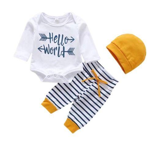 Conjunto pilucho, pantalón y gorrito Hola mundo bebe recién nacido o de más meses-0
