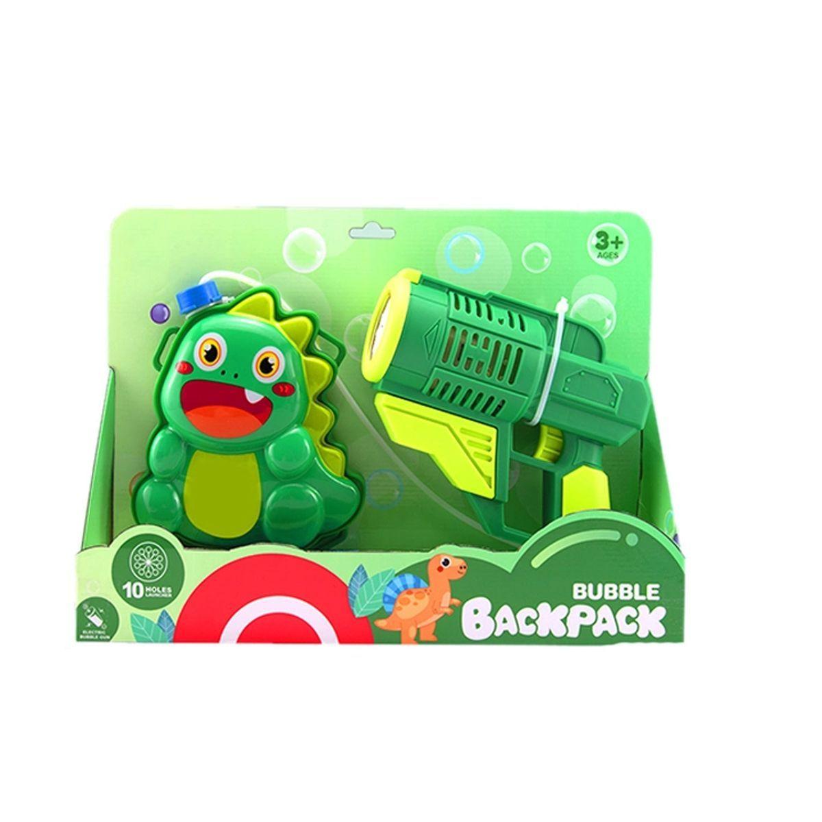 PACK  PISTOLA MOCHILA LANZA BURBUJAS - DINOSAURIO - VERDE - EVER GROUP-0