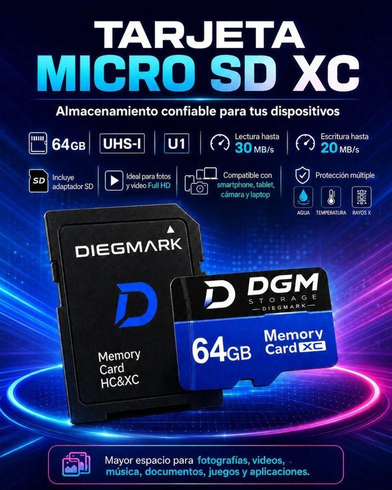 Memoria MicroSDXC Diegmark 64GB Clase 10 U1 con Adaptador SD-4