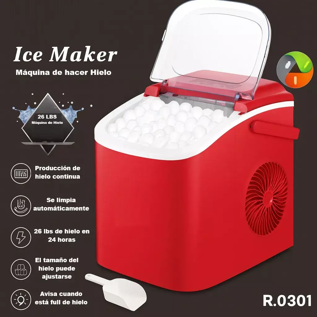 MAQUINA DE HIELO AUTOMATICA PORTATIL 12KG DIA 95W ROJO-4
