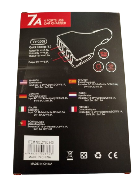 CARGADOR AUTO 4 PUERTOS USB 12-32V 7A-5