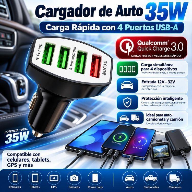 CARGADOR AUTO 4 PUERTOS USB 12-32V 7A-1