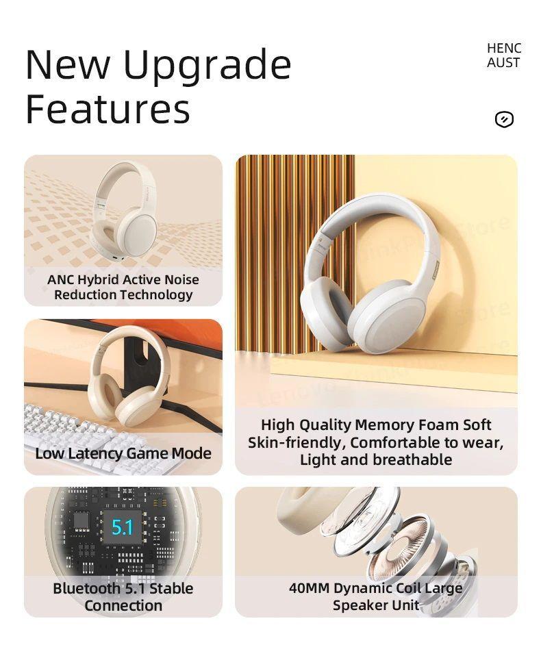 Audifonos Inalambricos Lenovo TH30 Bluetooth Plegables BEIGE-3