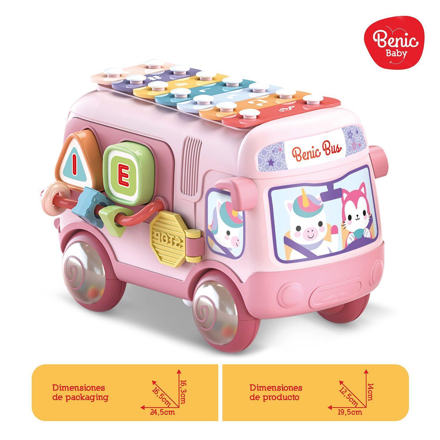 Autobús Musical Infantil con Xilófono y Figuras de Encastre Rosado-2