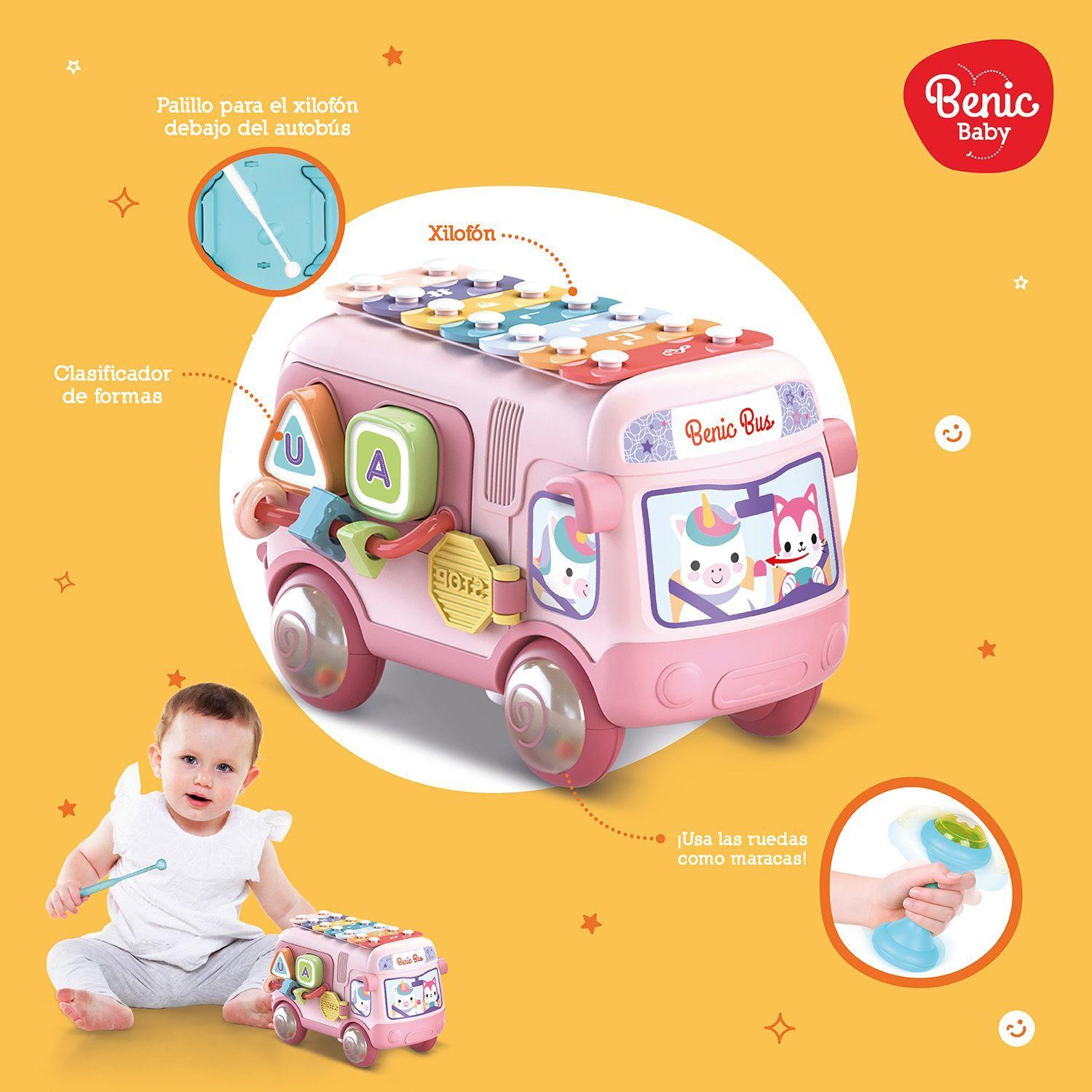 Autobús Musical Infantil con Xilófono y Figuras de Encastre Rosado-3