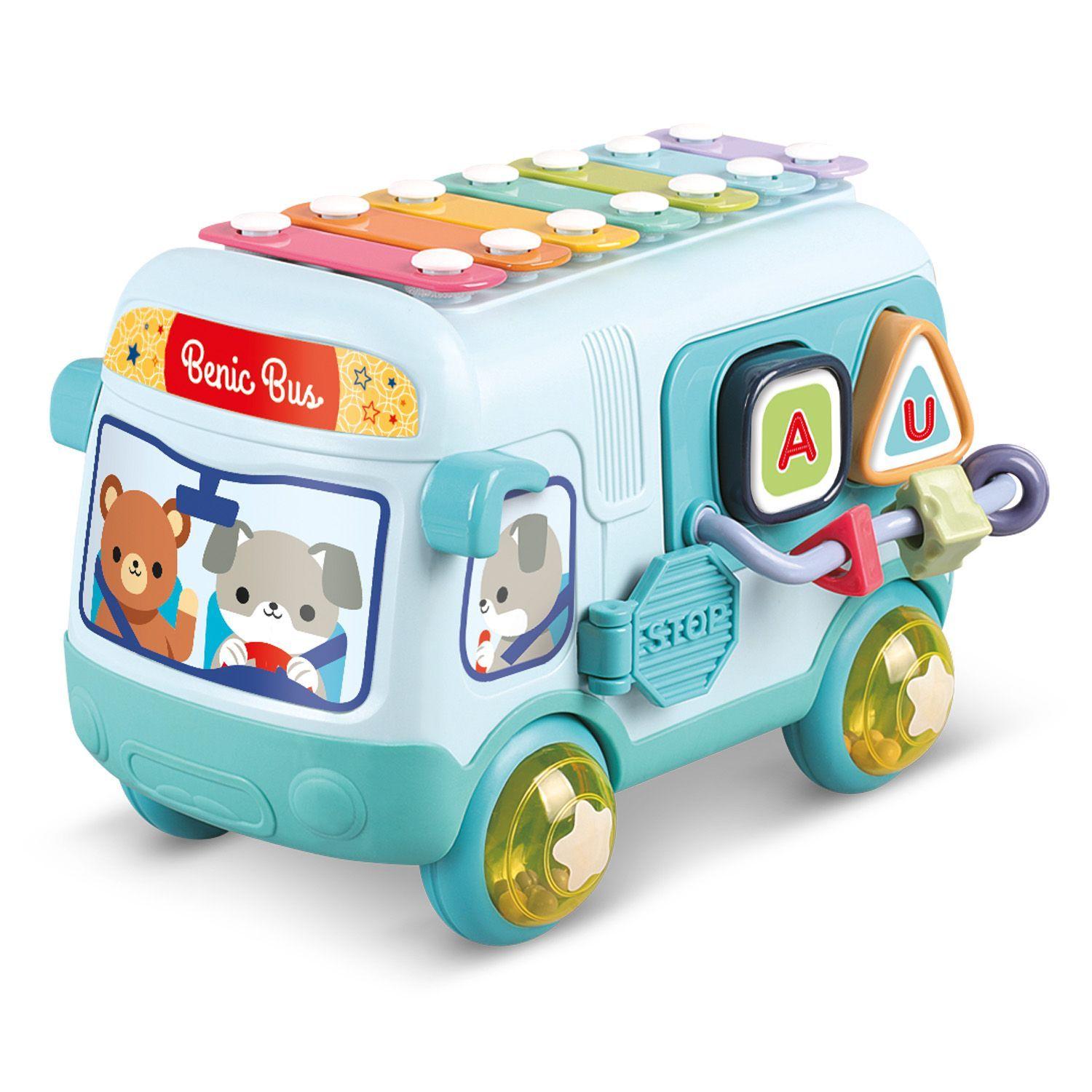 Autobús Musical Infantil con Xilófono y Figuras de Encastre Celeste-1