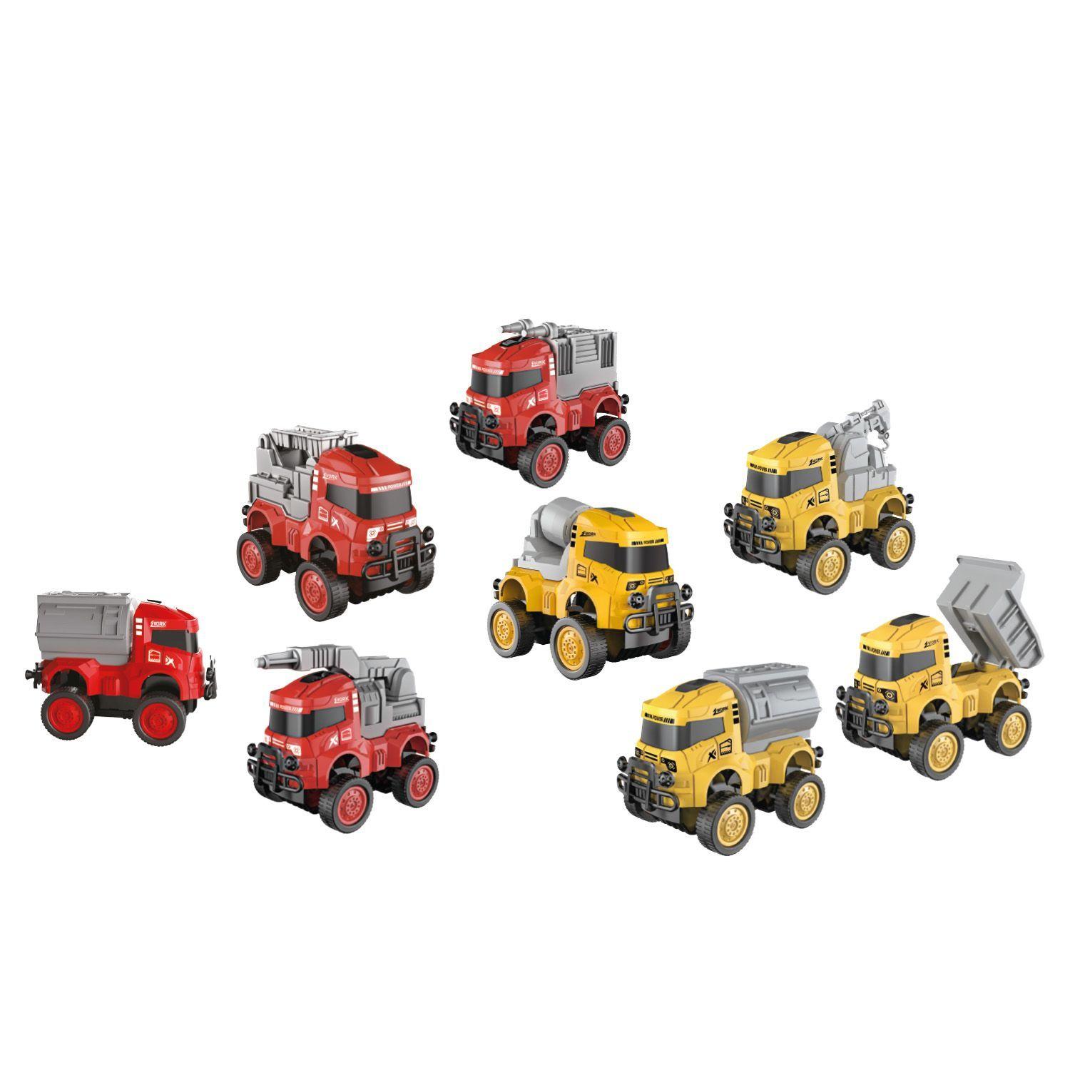 Set Vehículos Bomberos y Construcción Pull Back 8 Camiones-2